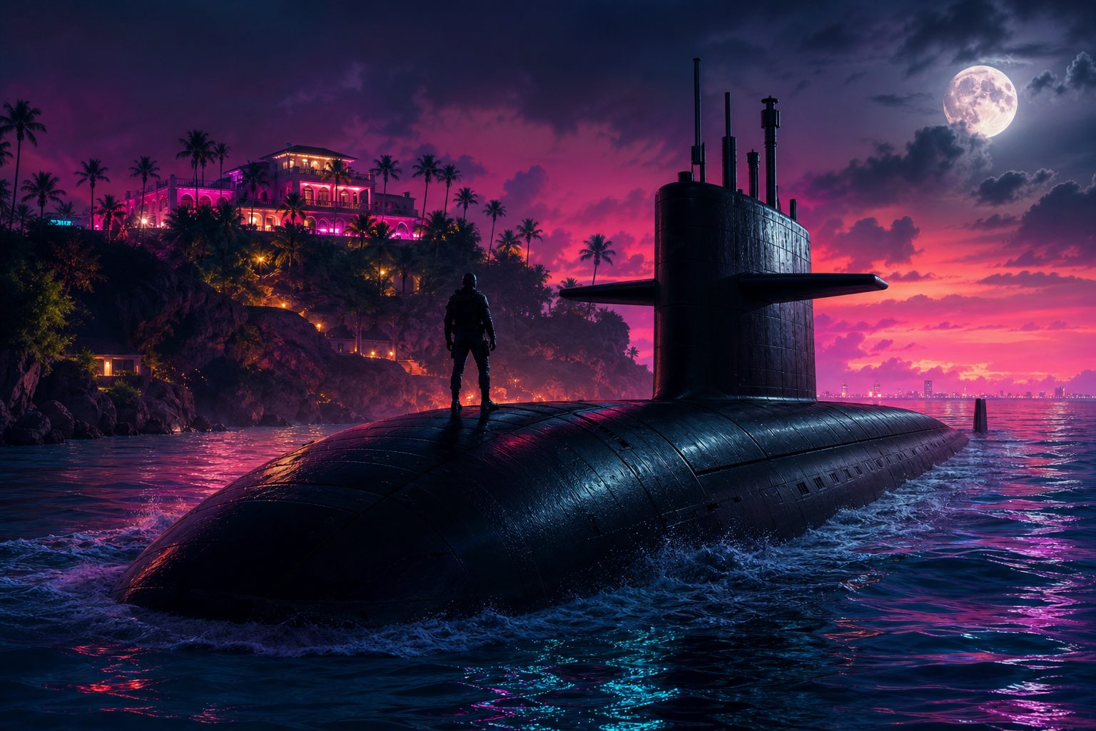 Kosatka submarine surfacing near Cayo Perico at night