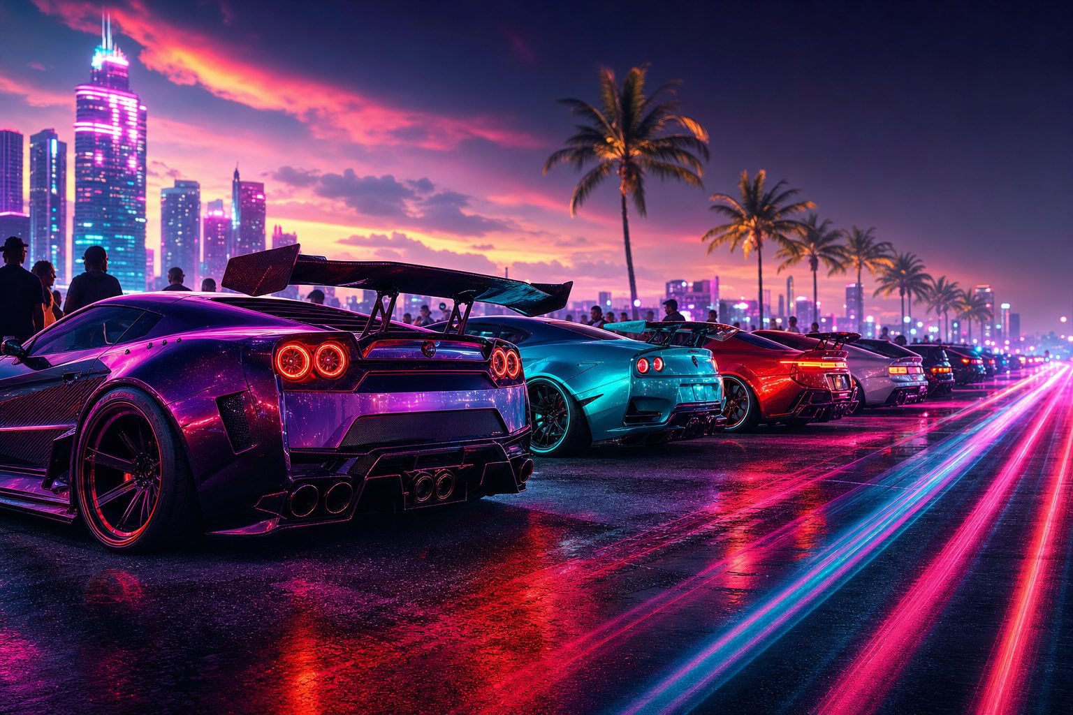 Lineup of HSW supercars at a neon LS Car Meet